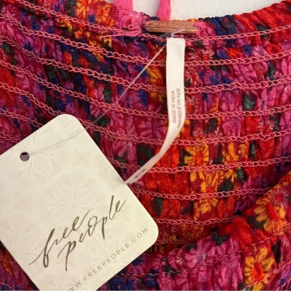 Free People Back On Elbow Puff Sleeve Cropped Top in Pink Floral, Medium NWT